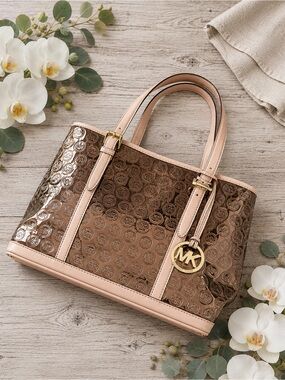 Michael Kors Grayson Cocoa Mirror Metallic Monogram Large Tote Bag